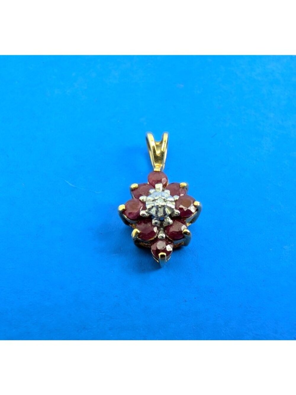 Red Ruby Cluster and Diamond 10K Yellow Gold Necklace Charm Pendant